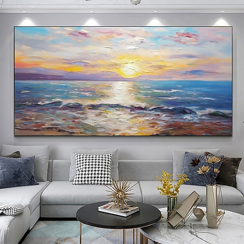 Handgefertigte Ölgemälde auf Leinwand, Wandkunst, Dekoration, abstrakter Sonnenuntergang, Meereslandschaft, Gemälde für Heimdekoration, gerolltes, rahmenloses, ungedehntes Gemälde Image