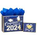Loveinside Royal Blue and Gold Graduation Gift Bag with Tissue Paper Greeting Card and Tag for Class of 2024 Graduation Party - 13 x 10 x 5 1 Pcs