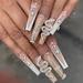 SHNWU Long Press on Nails Coffin French Tips Fake Nails Nude Metal Snake Rhinestone False Nails with Designs Glossy Full Cover Glue on Nails Acrylic Ballerina for Women 24Pcs