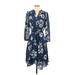 White House Black Market Casual Dress V-Neck Long sleeves: Blue Floral Motif Dresses - Women's Size 0