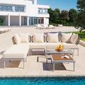 Hokku Designs 8-Piece Patio Sectional Sofa Set w/ Tempered Glass Coffee Table & Wooden Coffee Table For Outdoor Oasis | Wayfair