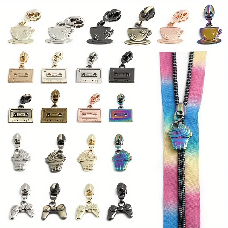 Extracteur de fermeture éclair en métal, 5 pièces, 8 couleurs, tasse à café/glace/cassette/bâton de jeu, bricolage, sac portefeuille cousu à la main 5 # languette de traction en nylon