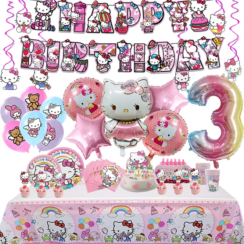 Hallo Kitty Geburtstag Party Dekoration Aluminium Folie Ballon Für Kind Event Liefert Einweg Geschirr Banner Hintergrund Geschenk Image