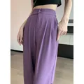 Pantalon de costume pour femmes boutons violets taille haute jambes larges décontracté ample