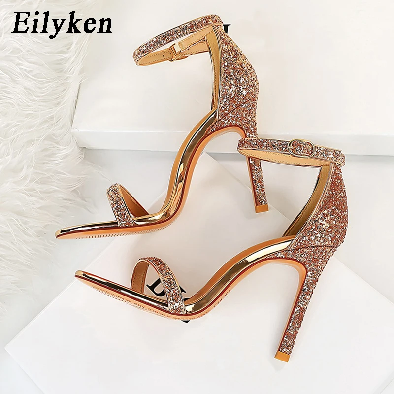 Eilyken Silber Champagner Sexy High Heels Peep Toe Sandalen Frauen Schnalle Gladiator Stiletto Hochzeit Rhein Stein Schuhe