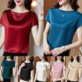 Abbigliamento comodo da donna estivo moda tinta unita O collo manica corta in seta top maglietta casual in raso allentato camicia taglie forti