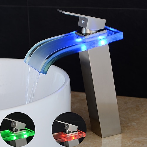 LED-Waschbeckenmischer-Wasserhahn, Wasserfallauslauf, 3 Farbtemperaturen, hohe Wasserhähne, Einhand-Einloch-Monoblock-Waschtischarmaturen, Waschraum Image