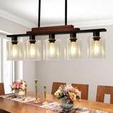 Litake Dining Room Light Fixture 5-Lights Kitchen Island Lighting Pendant Lights Kitchen for Dining Room with Clear Glass Shade Rustic Wood Chandelier Kitchen Pendant Light Over Table Not Include Bulb