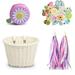 4pcs/Set Rattan Bike Basket Front for Boys and Girls Bicycle Basket with Tassel Stickers Bike Bell Front Bike Accessories