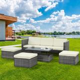 Patio Furniture Outdoor Furniture Seasonal PE Wicker Furniture 5 Set Wicker Furniture With Plywood Coffee Table with lift TOP Coffee Table with Lounger Sofa