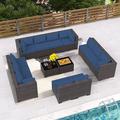 simple Outdoor Patio Furniture Set 12 Pieces Outdoor Furniture All Weather Patio Sectional Sofa PE Wicker Modular Conversation Sets with Coffee Table 10 Chairs & Seat Clips(Dark Blue