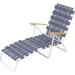 High Back Outdoor Folding Chaise Lounge Chair with Blue Woven Webbing White Powder Coated Steel Frame and Hardwood Armrests Blue