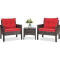 Patio Furniture Set - PE Rattan Wicker Chairs W/Glass Top Coffee Table & Thick Cushions Bistro Sofa Set For Deck Porch Balcony Garden Conversation Outdoor Furniture (Red)