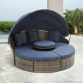 Outdoor Patio Conversation Set Rattan Round Lounge with Retractable Canopy Wicker Outdoor Sofa Bed with Lift Coffee Table and Cushions for Backyard/Porch/Poolside Navy Blue