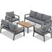 durable Aluminum Patio Furniture Set 5 Pieces Outdoor Conversation Set with Teak Wood Top Coffee Table Sectional Sofa Set with Wood Armrest and Cushions for Outside Poolside Lawn Back