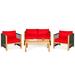 Canddidliike 4 Outdoor Acacia Wood Piece Conversation Sunroom Furniture Indoor Sectional Garden Seating Groups Chat Set with Cushions-Red