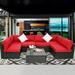 7Pcs Patio Furniture Sets - Patio Sectional Conversation Sofas Black PE Wicker Outdoor Couch Patio Seating with Pillows & Coffee Table Red