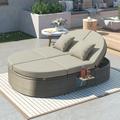 Patio 2-Person Daybed Outdoor Rattan Garden Reclining Chaise Lounge with Cushions and Pillows Adjustable Backrests Sun Bed with Foldable Side Cup Trays Gray