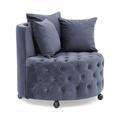 Velvet Upholstered Swivel Chair for Living Room with Button Tufted Design and Movable Wheels Including 3 Pillows Grey