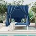 Outdoor Patio Sunbed Set with Curtain Patio Sofa Set Rattan Daybed Double Lounge Weave Sunbed Suitable for Multiple Scenarios(Blue)