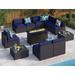 6 Pieces Outdoor Patio Furniture Set with 45 Plate Embossing Propane Fire Pit Table Outdoor Wicker Sectional Sofa Conversation Set with Blue Cushions & Coffee Table