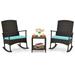 3 Piece Patio Rocking Set Wicker Rocking Chairs Deluxe Outdoor Patio with 2-Tier Coffee Table-Off Turquoise