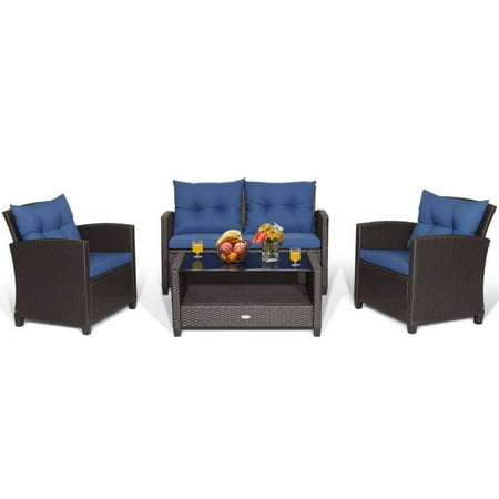 Spaco Patio Furniture 4 Pieces Patio Rattan Furniture Set Outdoor Wicker Rattan Chairs Garden Backyard Balcony Porch Poolside loveseat with TempeNavy Glass Coffee Table-Navy