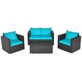 Spaco Patio Furniture 4 Pieces Conversation Sets Outdoor Wicker Rattan Chairs Garden Backyard Balcony Porch Poolside loveseat with Padded Cushion and Tempered Glass Coffee Table-Turquoise