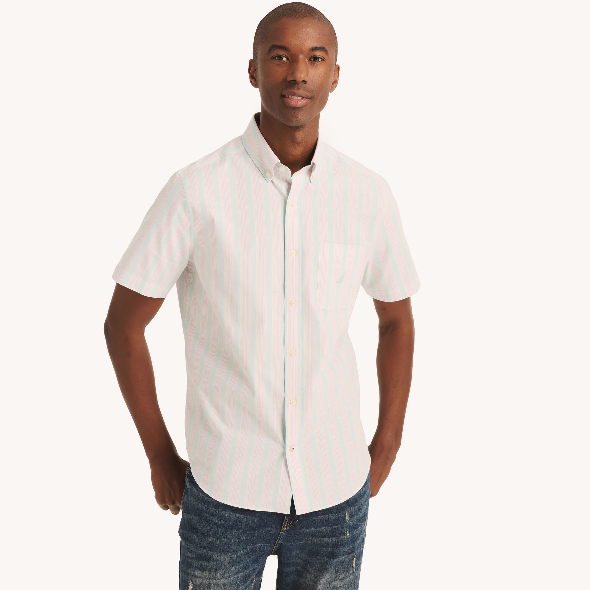 Nautica Men's Striped Oxford Short-Sleeve Shirt 422 (South Beach Aqua), XS