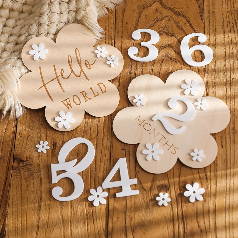 Carta miliare a forma di fiore in legno per bambini Carta commemorativa mensile Accessori per fotografia di compleanno per neonati per regalo di nascita del bambino