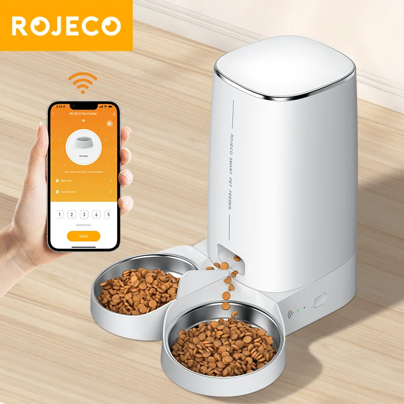 ROJECO Automatische Katze Feeder Haustier Smart Katzenfutter Kibble Dispenser Fernbedienung Auto WiFi Doppel Feeder Für Katzen Hund Zubehör Image