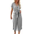 knqrhpse Jumpsuits For Women Wide Leg Pants For Women Solid V Neck Short Sleeve Button Pocketed Wide Leg Jumpsuits Romper With Belt Pants For Women Grey L