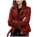 iOPQO womens sweaters Women Plus Size Fashion Faux Leather Jacket Long Sleeve Zipper Fitted Artificial Leather Coat Fall Short Jacket Slim Coat Women s Casual Jackets Wine 5XL