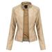 wendunide coats for women New Ladies Slim Leather Stand-Up Collar Zipper Stitching Solid Color Jacket Womens Fleece Jackets Beige S