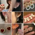 Naierhg 1 Pair Women Earrings Flower Faux Pearls Jewelry Vintage Bow-knot Stud Earrings Jewelry Gifts