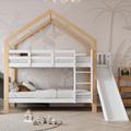 Lit superposé blanc, 90 x 200cm, lit pour enfant avec échelle et toboggan, lit maison en bois,