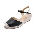 IJNHYTG sandal PU Ladies Open Toe Wedges Sandals Summer Ladies Ankle Strap High Heels Ladies Straw Casual Espadrilles Dress Shoes (Color : Black, Size : 4)