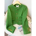 Veste en tweed vert à col rond pour femme manteau court simple boutonnage vêtements d'extérieur