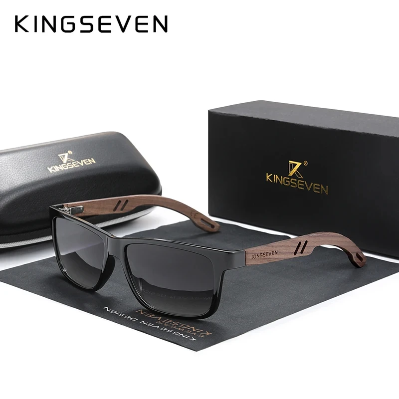KINGSEVEN Herren-Sonnenbrille aus Walnussholz, rechteckig, handgefertigtes Design, polarisiert, UV400, Zubehörbrille, hochwertige Fahrbrille Image