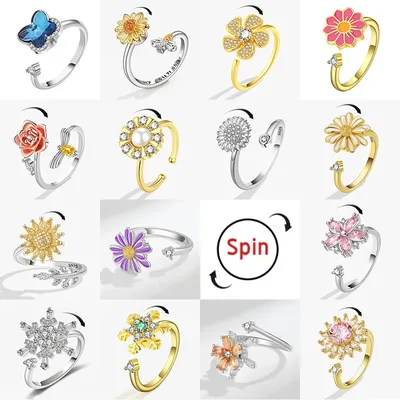 Korean Fashion Daisy Spinner Fidget Ring Multiple Style Sunflower Rose Snowflake Rotate Freely Anti