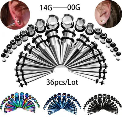 36Pcs/Lot 14G-00G Ear Gauges Stretching Kit Tapers Plugs Eyelets Stainless Steel Tapers and Plugs