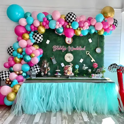 Girl's birthday party decoration balloon set, pink blue balloon wreath set, Alice tea party