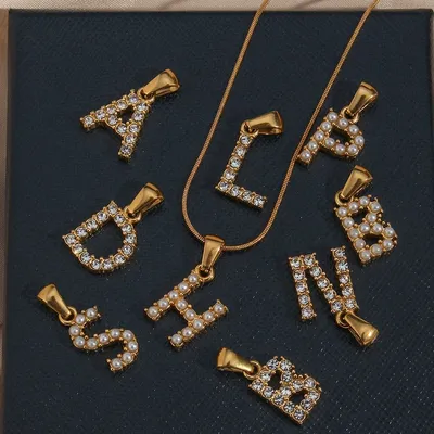 E.B.belle Stainless Steel PVD Plating 26 Initial Necklace Charm Zircon Pearl Letter Pendants For Necklace Earring Accessries