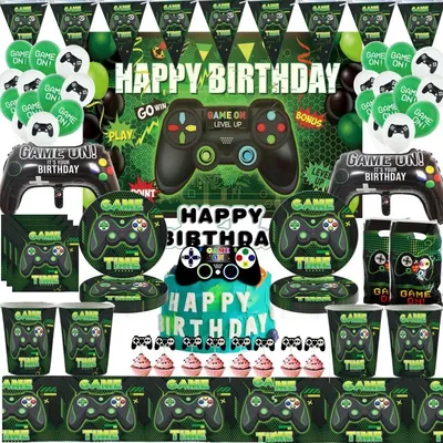 Green Video Game Birthday Party Decor Plate Gift Bag Tablecloth Gamepad Balloon Dackdrop Boy Game