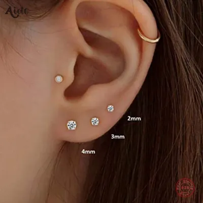 Aide 925 Sterling Silver 3pcs Set 2/3/4mm Mini Round Zircon Bar Piercing Stub Earring For Women