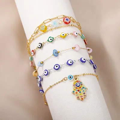 Stainless Steel Blue Turkey Evil Eye Bead Anklet For Women Men Silver Color Chain Zircon Palm Charm Bracelet Female Jewelry Gift