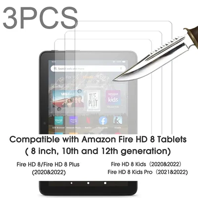 3PCS Glass screen protector for Fire HD 8 Plus kids pro (2020&2022 Release) 8'' 10th &12th