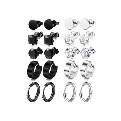 10 pairs of fashionable round zircon dumbbells for men, stainless steel earrings, personalized square micro inlaid female earrin