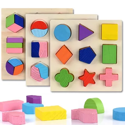 Wooden Geometric Shapes Montessori Puzzle Sorting Math Bricks Preschool Learning Educational Game