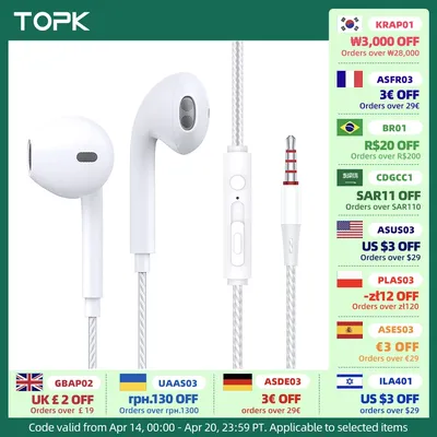 TOPK F20 in-ear Headphone HiFi Sound Quality Built In HD Mic Universal 3.5mm Plug Original High